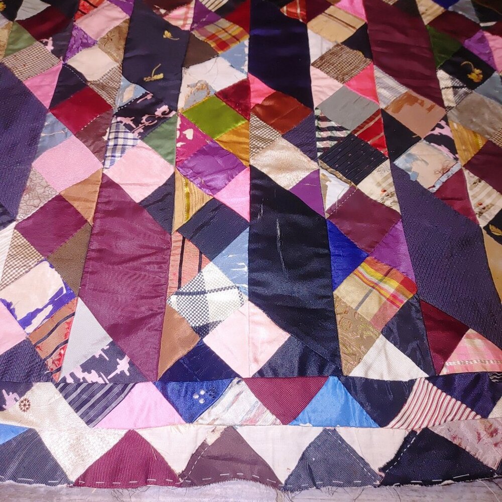Antique Victorian 1800s Crazy Quilt Handmade Top Silk Patchwork Diamond Mosaic - Picture 10 of 16